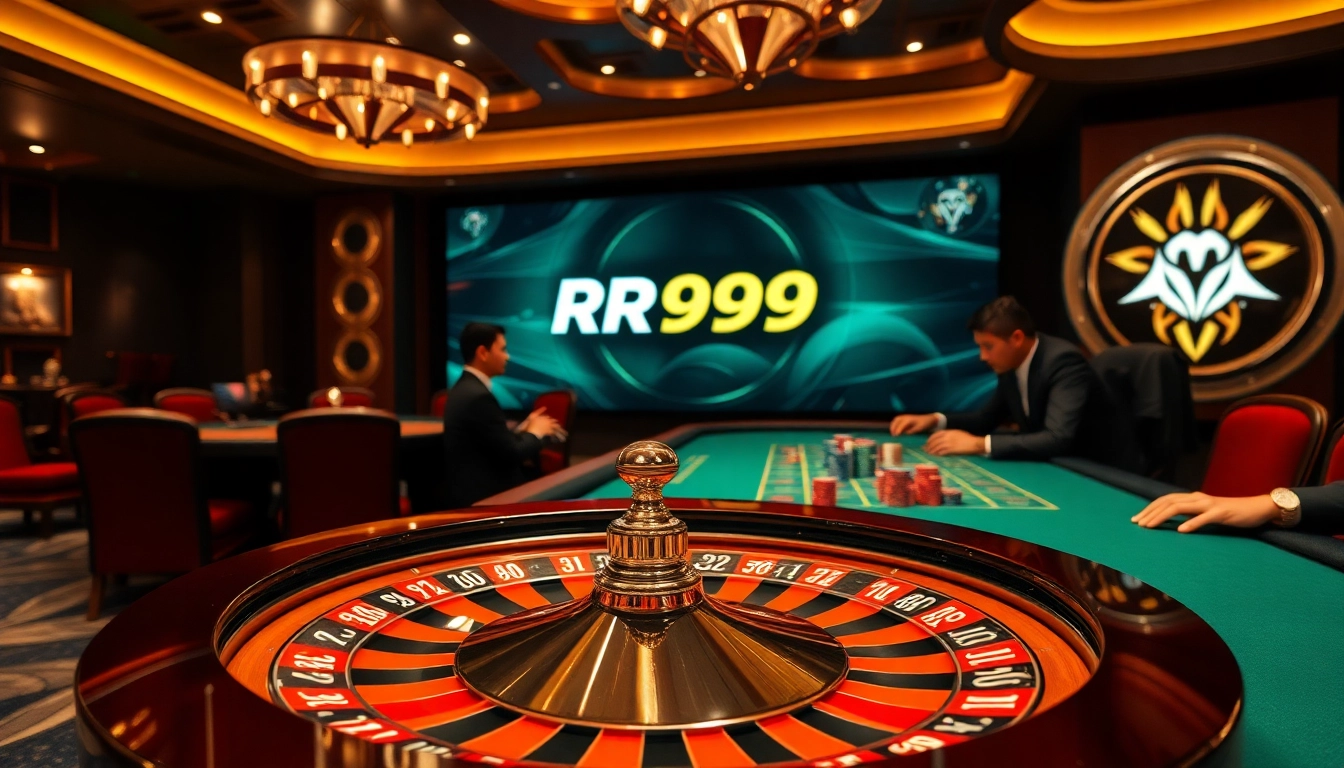 Experience the excitement of RR99 casino gaming with vibrant poker chips and a luxurious roulette wheel.