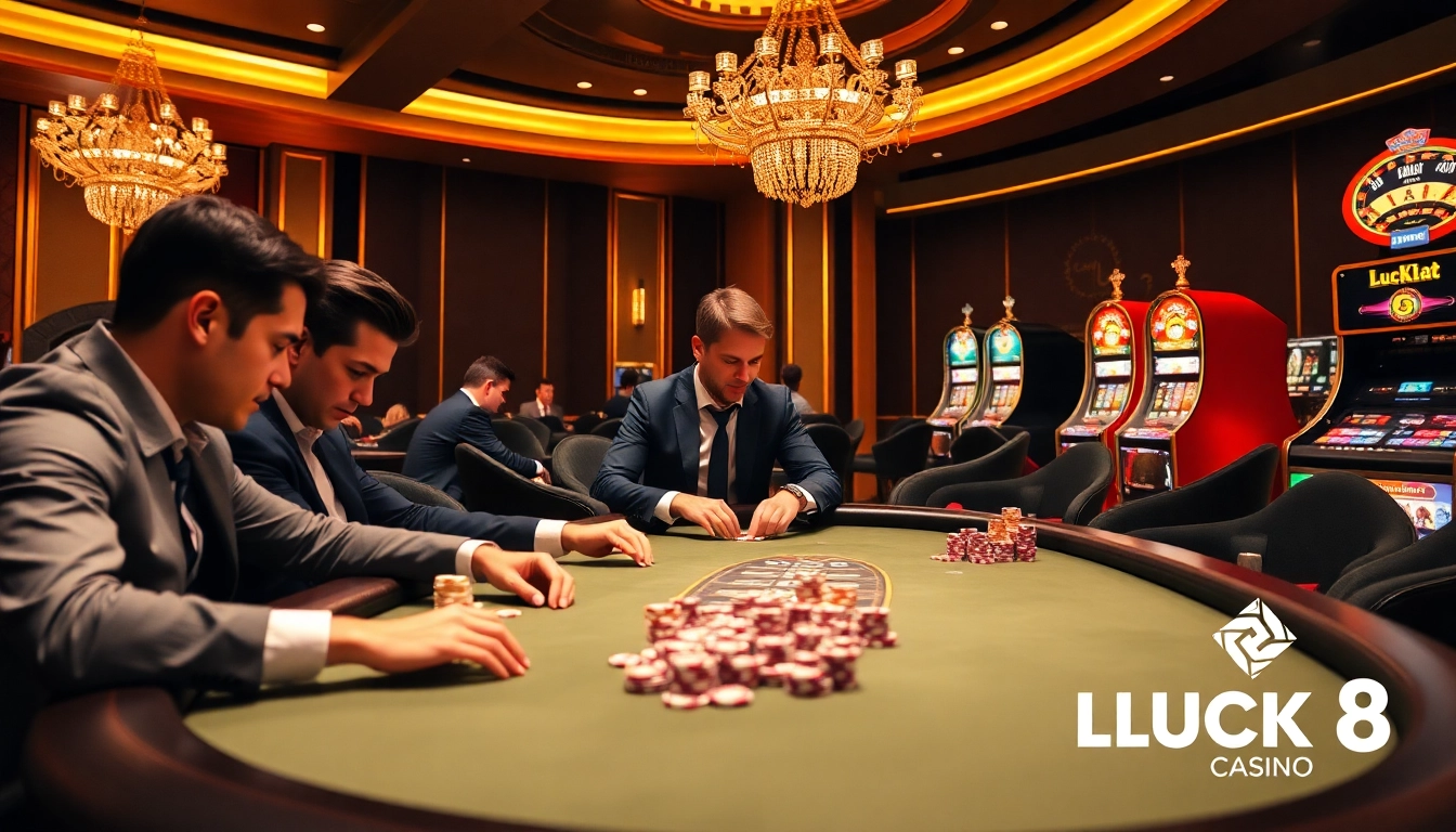 Experience the excitement of gambling at LUCK8's luxurious poker table with vibrant lights and thrilling ambiance.