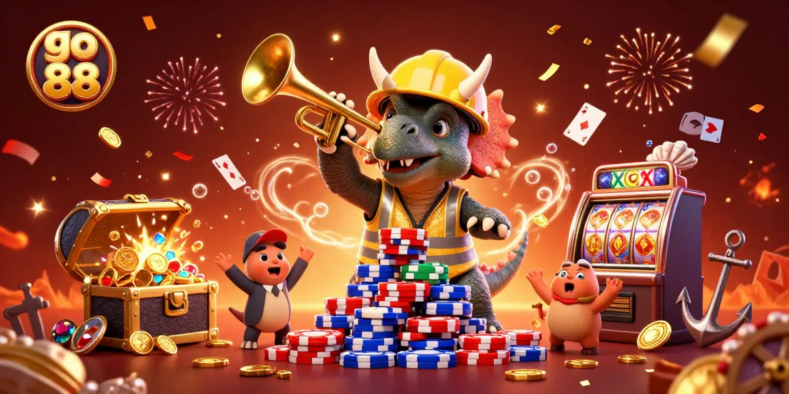 Engage with go 88's festive casino scene featuring fun characters celebrating with poker chips and slot elements.
