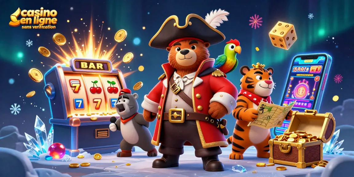 Jouez dans un casino en ligne sans vérification, entouré de personnages colorés et d'éléments de jeu captivants.