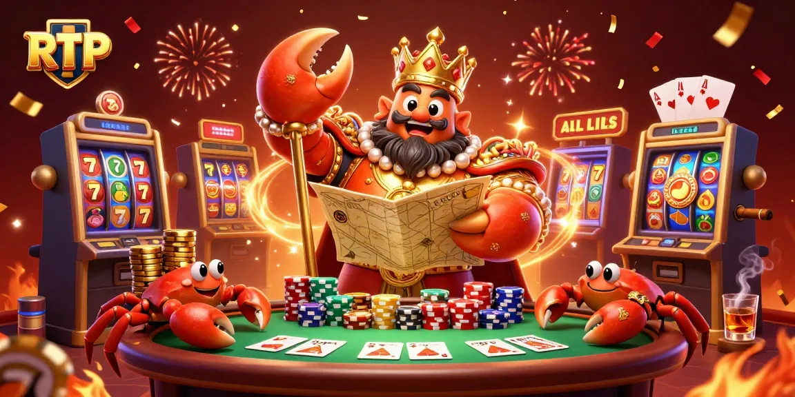 Experience RTP dynamics in an engaging casino scene featuring a golden crab emperor and slot symbols