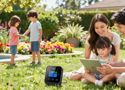 Rainpoint smart sprinkler controller in use, featuring a family managing garden irrigation efficiently in a vibrant outdoor space.