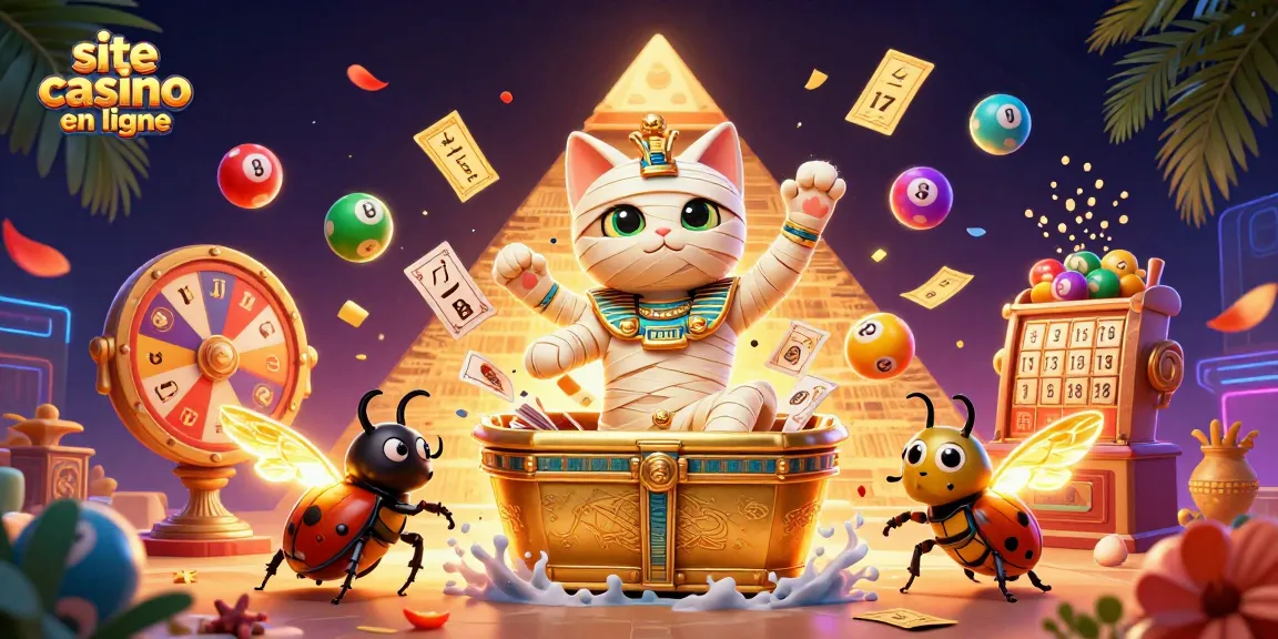 Les jeux dynamiques sur le site casino en ligne, avec un chat momie égyptien, des boules de loterie et une ambiance festive.