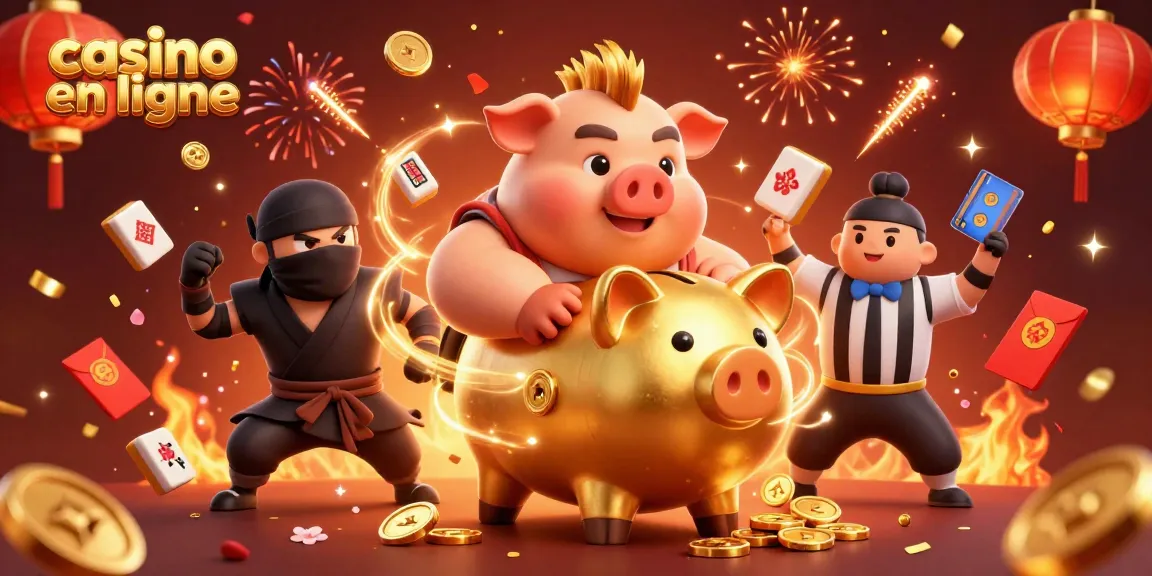 Jouez au casino en ligne avec un sumo, un ninja et un samouraï, entourés de symboles chinois et de feux d'artifice.