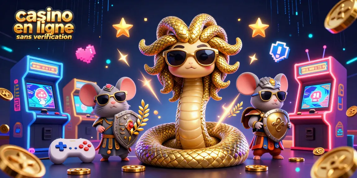 Jouez sur un casino en ligne sans vérification, illustration dynamique de Medusa et un guerrier souris se divertissant avec des jeux.