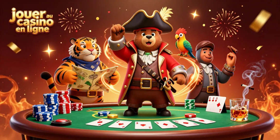 Créer une expérience passionnante en jouant au casino en ligne avec un ours pirate et ses compagnons, entourés de jetons et de cartes.