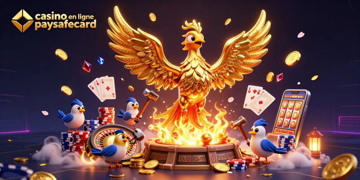 Jouer dans un casino en ligne paysafecard avec un phoenix doré et des éléments de jeu dynamiques.