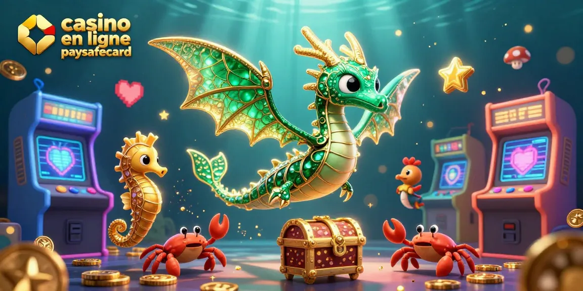 Une illustration 3D colorée d'un casino en ligne paysafecard avec des dragons et des machines de jeu animées.