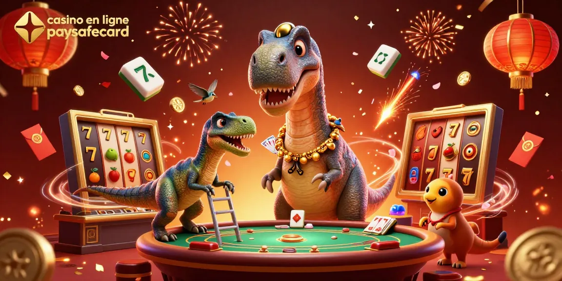 Découvrez le casino en ligne paysafecard avec une illustration animée dynamique de dinosaures et de jeux de casino.